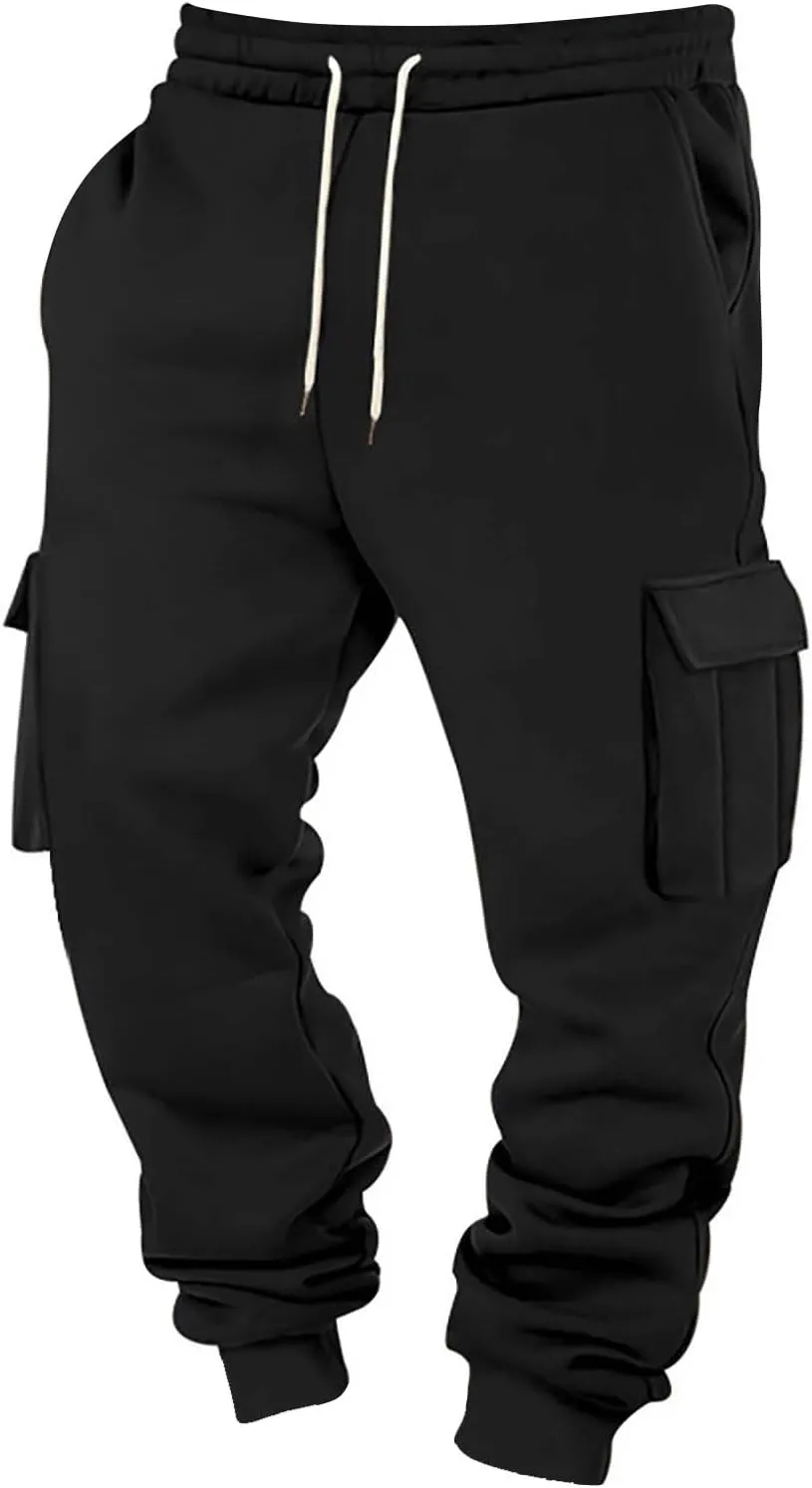 Heavyweight Fleece Cargo Sweatpants for Men Baggy Elastic Waist Drawstring Sweat Pants with Pockets Joggers Trousers