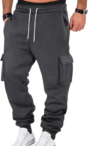 Heavyweight Fleece Cargo Sweatpants for Men Baggy Elastic Waist Drawstring Sweat Pants with Pockets Joggers Trousers