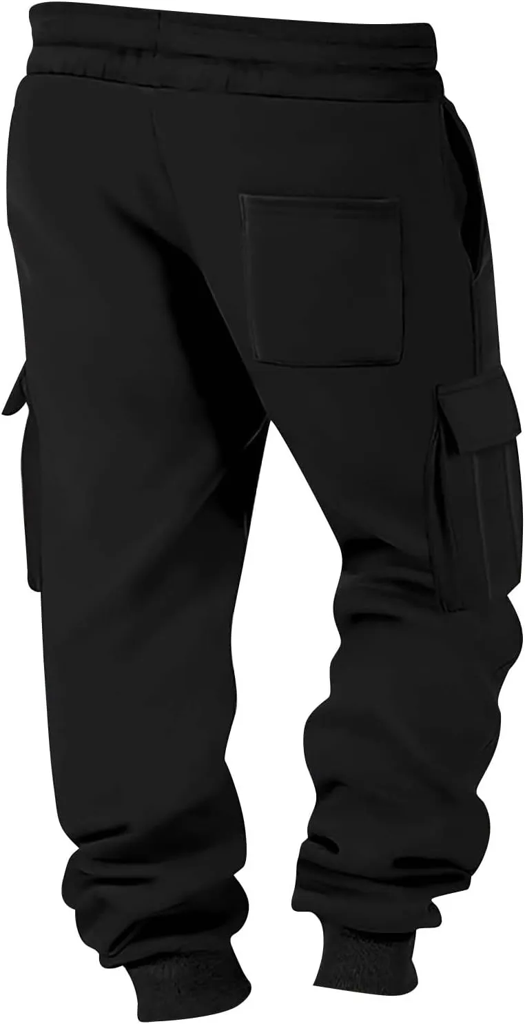 Heavyweight Fleece Cargo Sweatpants for Men Baggy Elastic Waist Drawstring Sweat Pants with Pockets Joggers Trousers