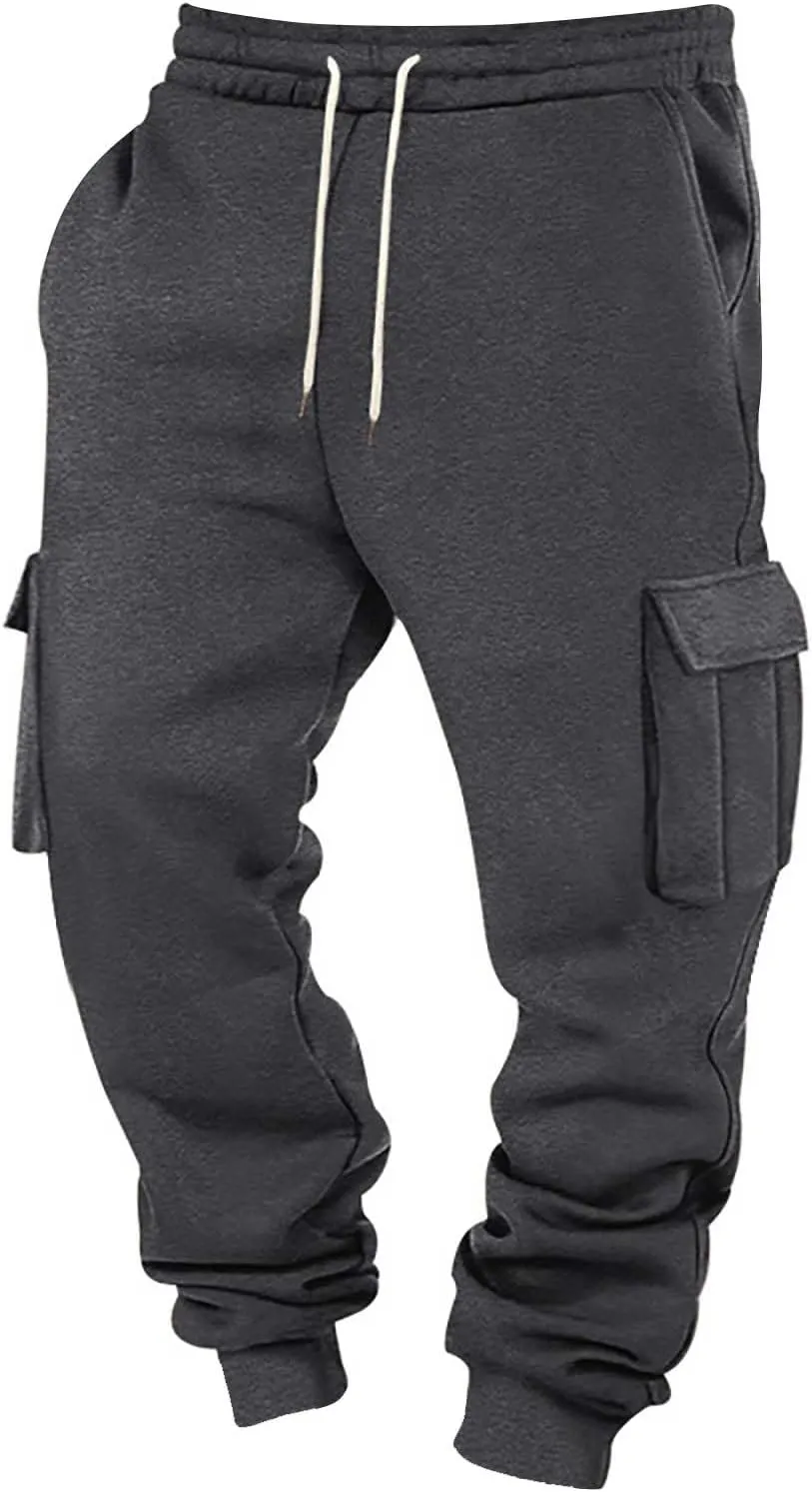 Heavyweight Fleece Cargo Sweatpants for Men Baggy Elastic Waist Drawstring Sweat Pants with Pockets Joggers Trousers