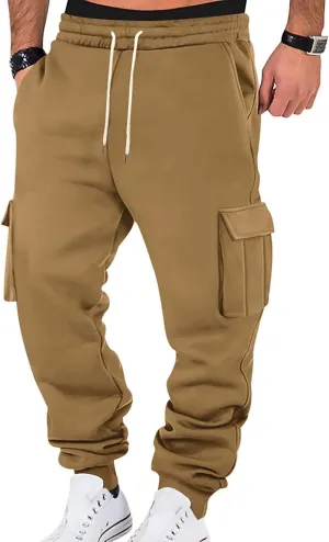 Heavyweight Fleece Cargo Sweatpants for Men Baggy Elastic Waist Drawstring Sweat Pants with Pockets Joggers Trousers