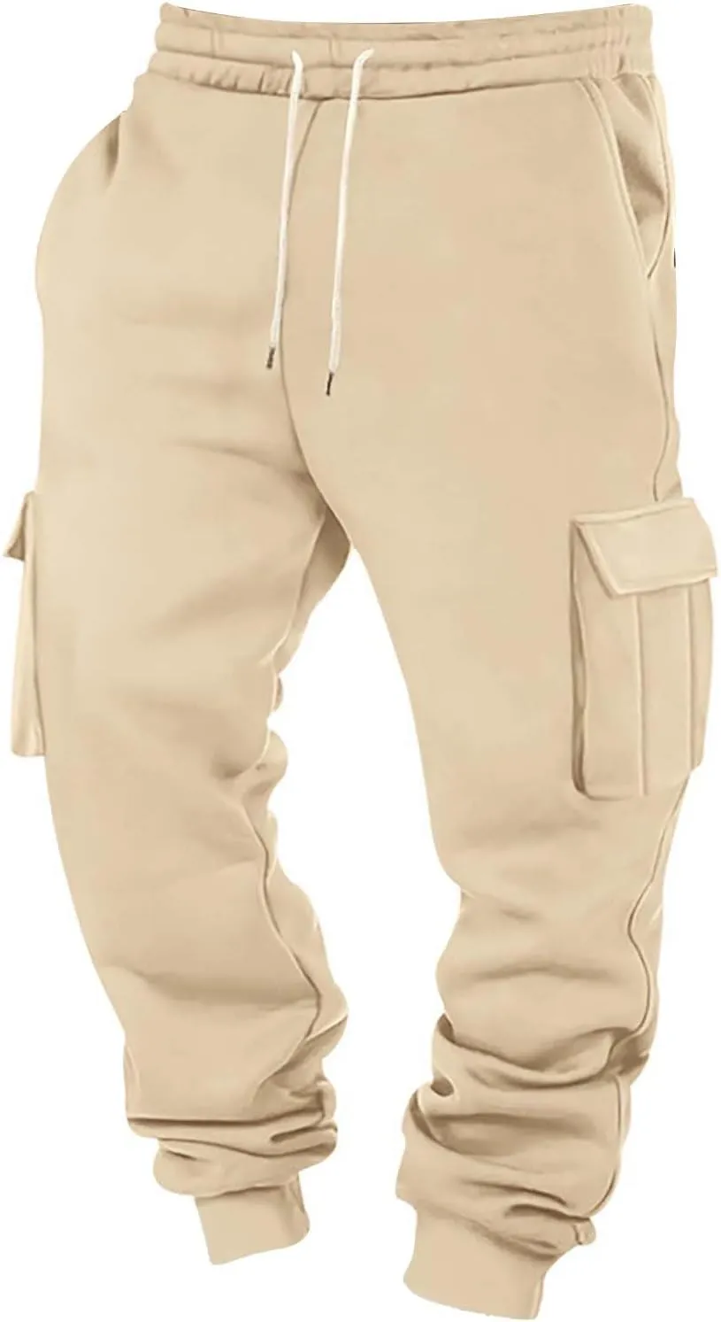 Heavyweight Fleece Cargo Sweatpants for Men Baggy Elastic Waist Drawstring Sweat Pants with Pockets Joggers Trousers