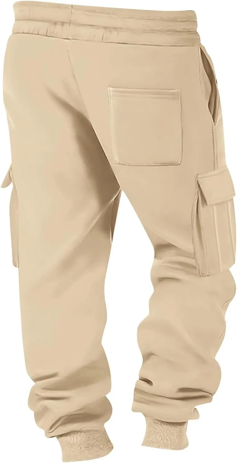 Heavyweight Fleece Cargo Sweatpants for Men Baggy Elastic Waist Drawstring Sweat Pants with Pockets Joggers Trousers
