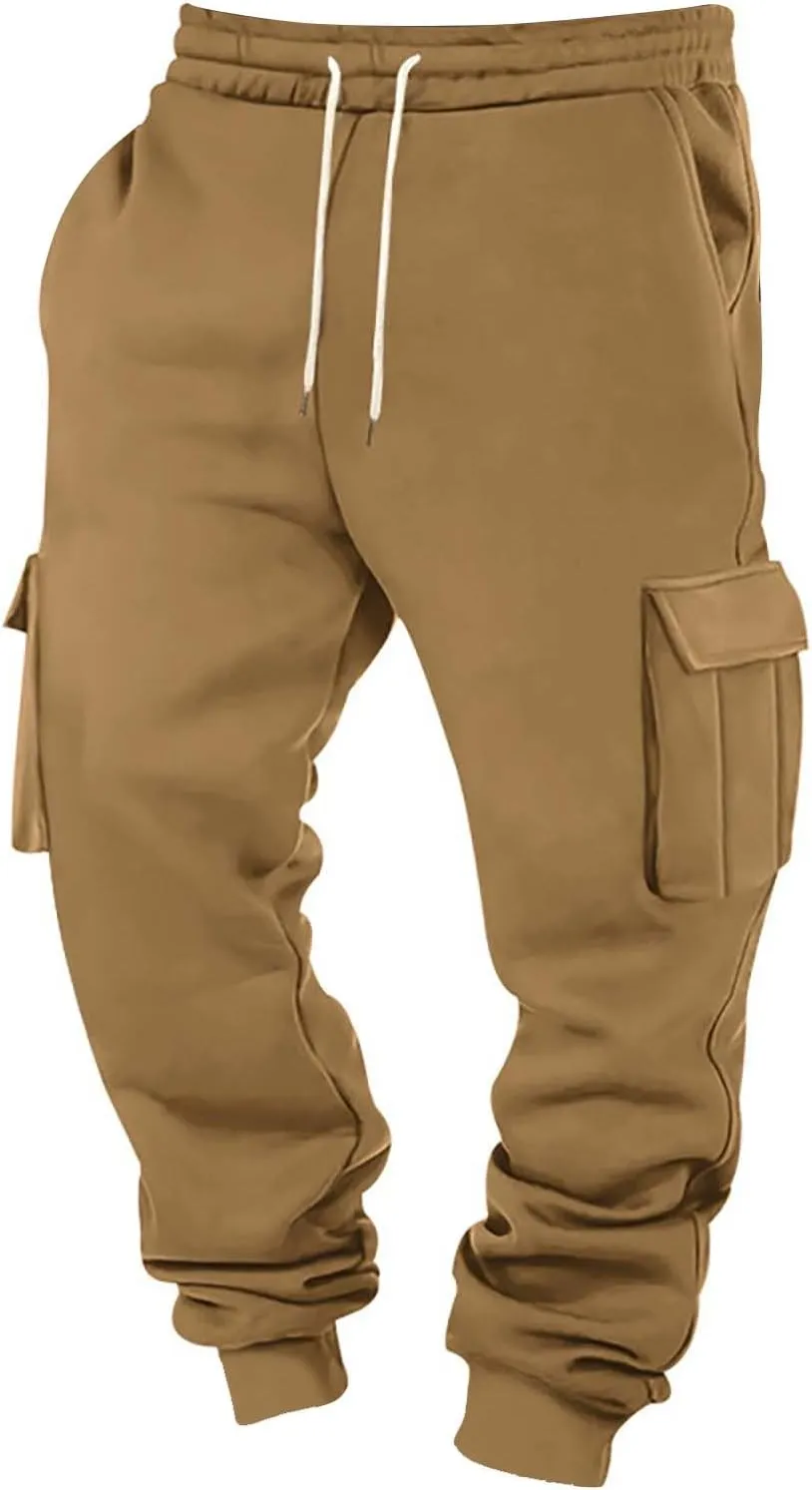 Heavyweight Fleece Cargo Sweatpants for Men Baggy Elastic Waist Drawstring Sweat Pants with Pockets Joggers Trousers
