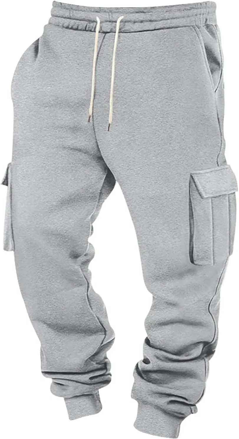 Heavyweight Fleece Cargo Sweatpants for Men Baggy Elastic Waist Drawstring Sweat Pants with Pockets Joggers Trousers