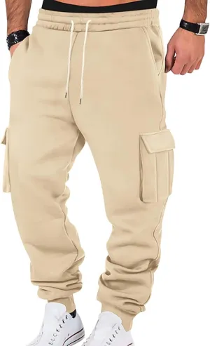 Heavyweight Fleece Cargo Sweatpants for Men Baggy Elastic Waist Drawstring Sweat Pants with Pockets Joggers Trousers
