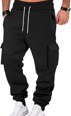 Heavyweight Fleece Cargo Sweatpants for Men Baggy Elastic Waist Drawstring Sweat Pants with Pockets Joggers Trousers