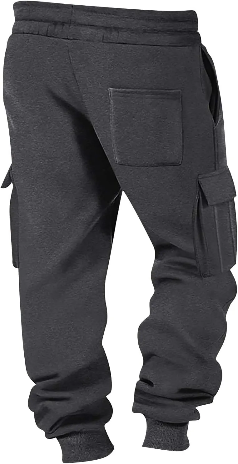 Heavyweight Fleece Cargo Sweatpants for Men Baggy Elastic Waist Drawstring Sweat Pants with Pockets Joggers Trousers