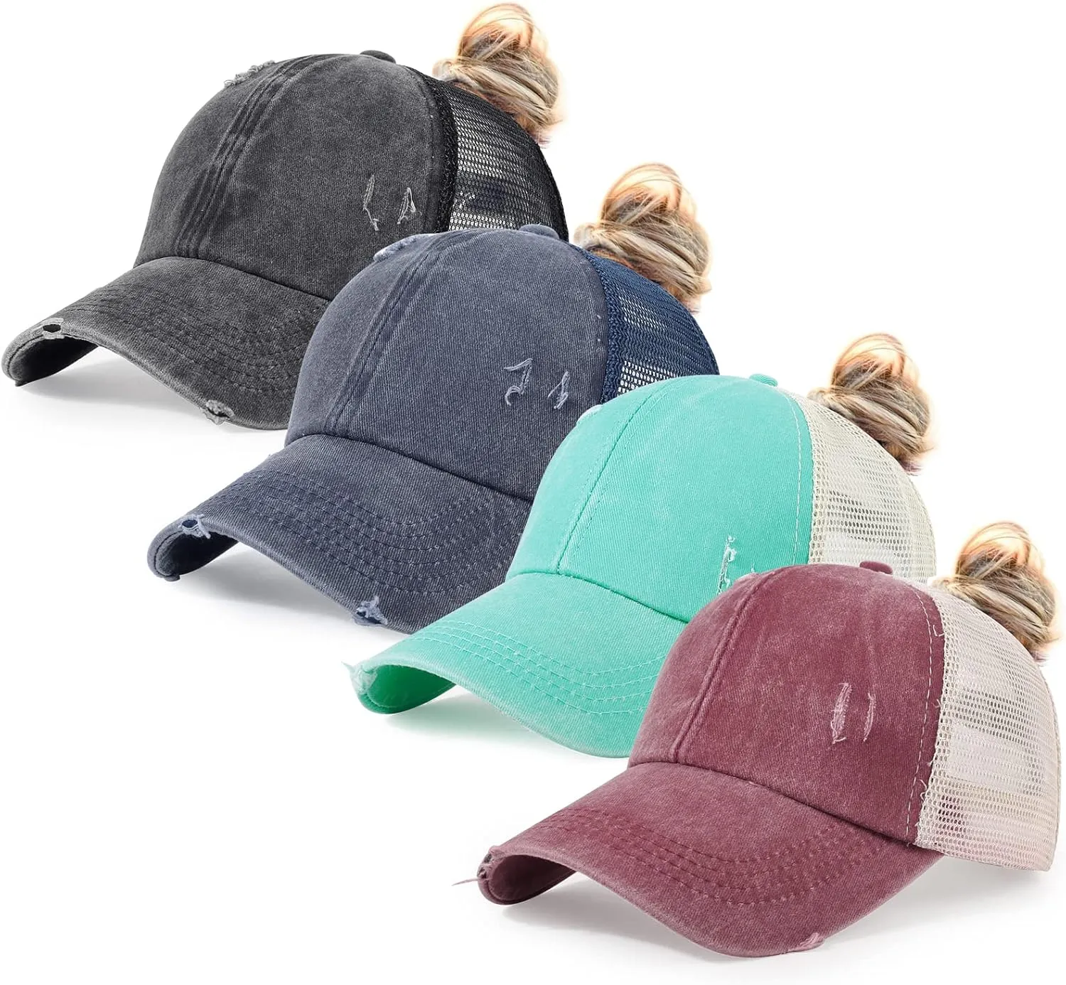 HH HOFNEN Ponytail Hats Womens Washed Distressed Baseball Cap High Ponycaps Cotton Dad Hat with Ponytail Hole