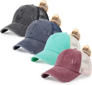 HH HOFNEN Ponytail Hats Womens Washed Distressed Baseball Cap High Ponycaps Cotton Dad Hat with Ponytail Hole