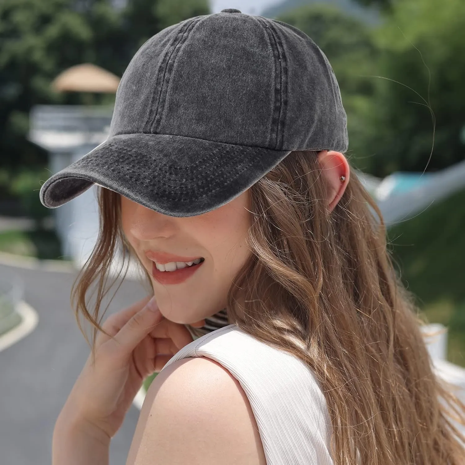 HH HOFNEN Ponytail Hats Womens Washed Distressed Baseball Cap High Ponycaps Cotton Dad Hat with Ponytail Hole