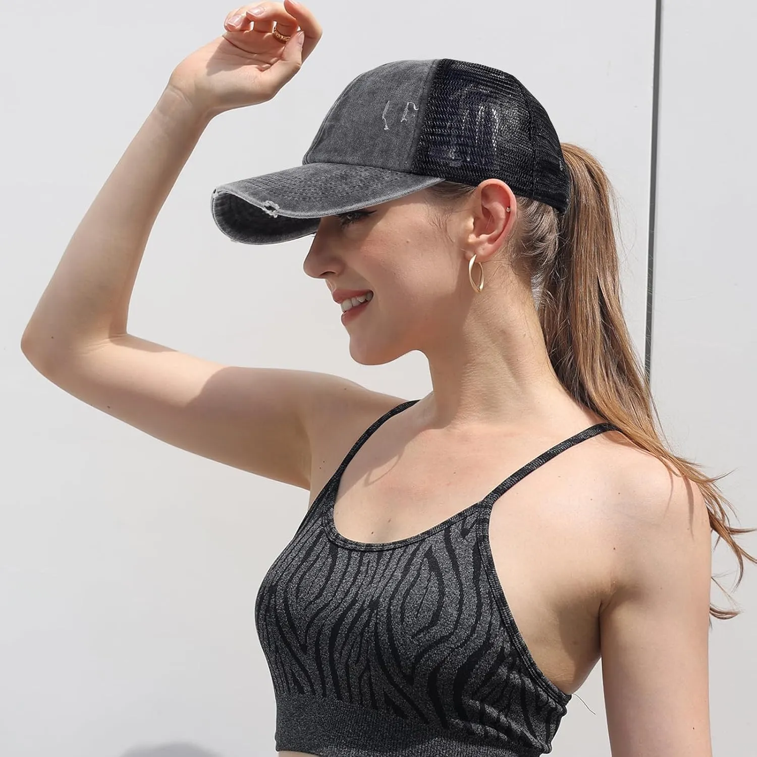 HH HOFNEN Ponytail Hats Womens Washed Distressed Baseball Cap High Ponycaps Cotton Dad Hat with Ponytail Hole