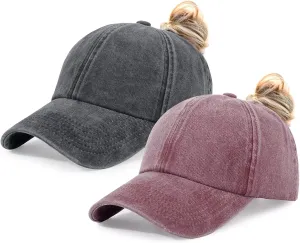 HH HOFNEN Ponytail Hats Womens Washed Distressed Baseball Cap High Ponycaps Cotton Dad Hat with Ponytail Hole