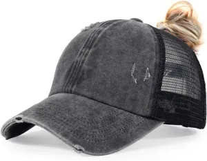 HH HOFNEN Ponytail Hats Womens Washed Distressed Baseball Cap High Ponycaps Cotton Dad Hat with Ponytail Hole