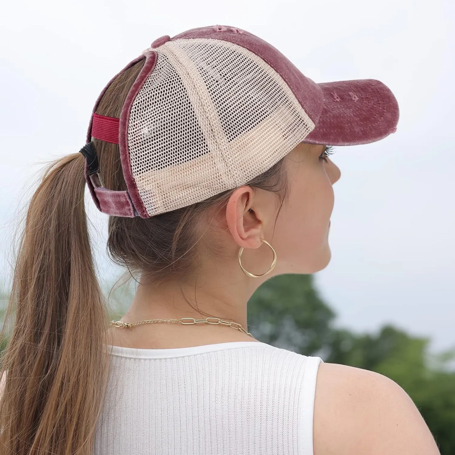 HH HOFNEN Ponytail Hats Womens Washed Distressed Baseball Cap High Ponycaps Cotton Dad Hat with Ponytail Hole