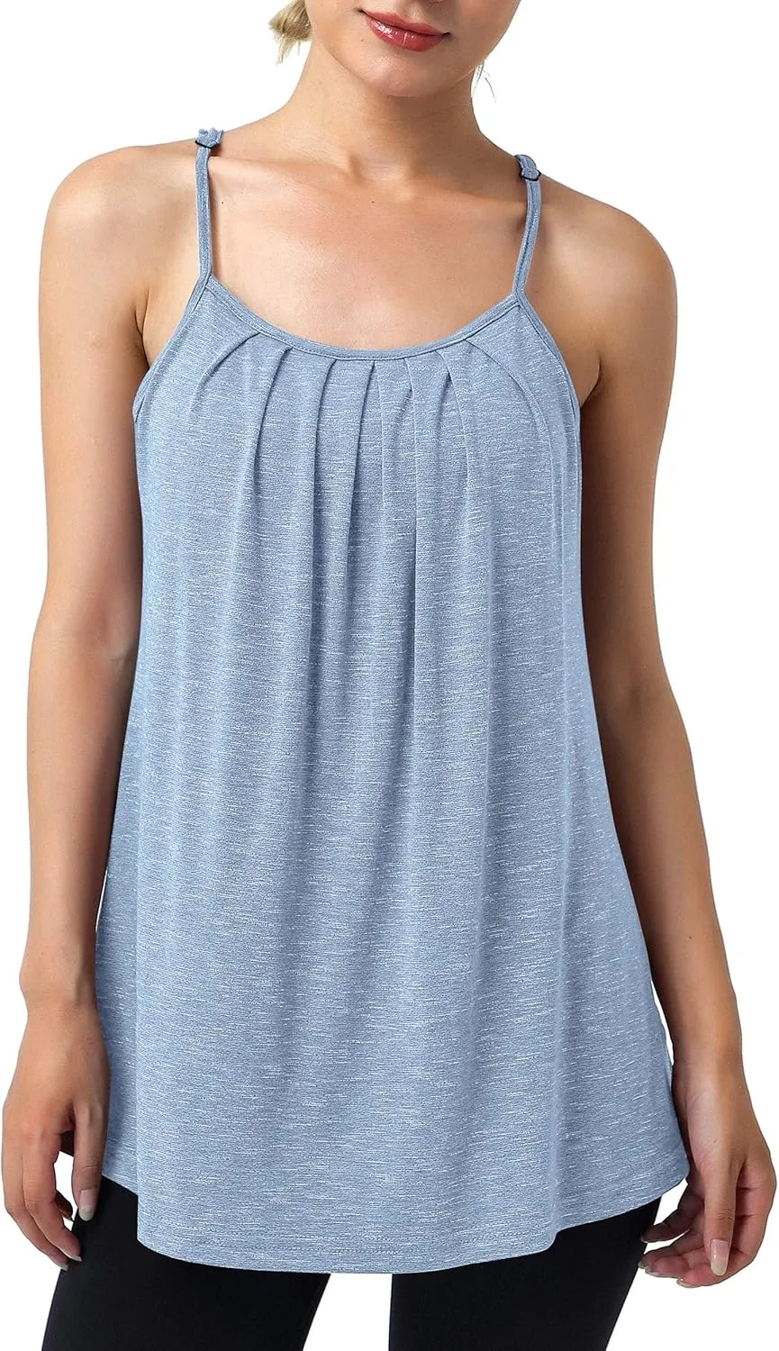Hibelle Womens Built in Bra Camisole with Adjustable Spaghetti Straps,Pleated Front Flowy Summer Casual Tank Tops