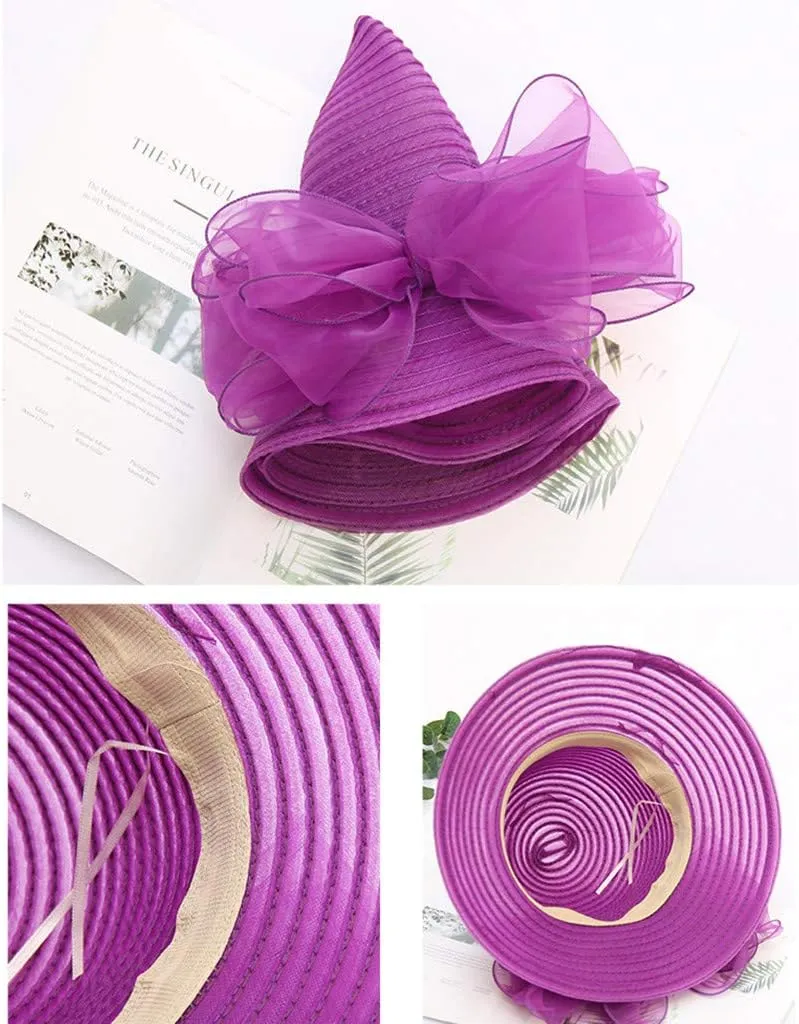 High Tea Hats for Women 2025 Organza Bowknot Wide Brim Bucket Derby Hat Easter Outfits Bonnets