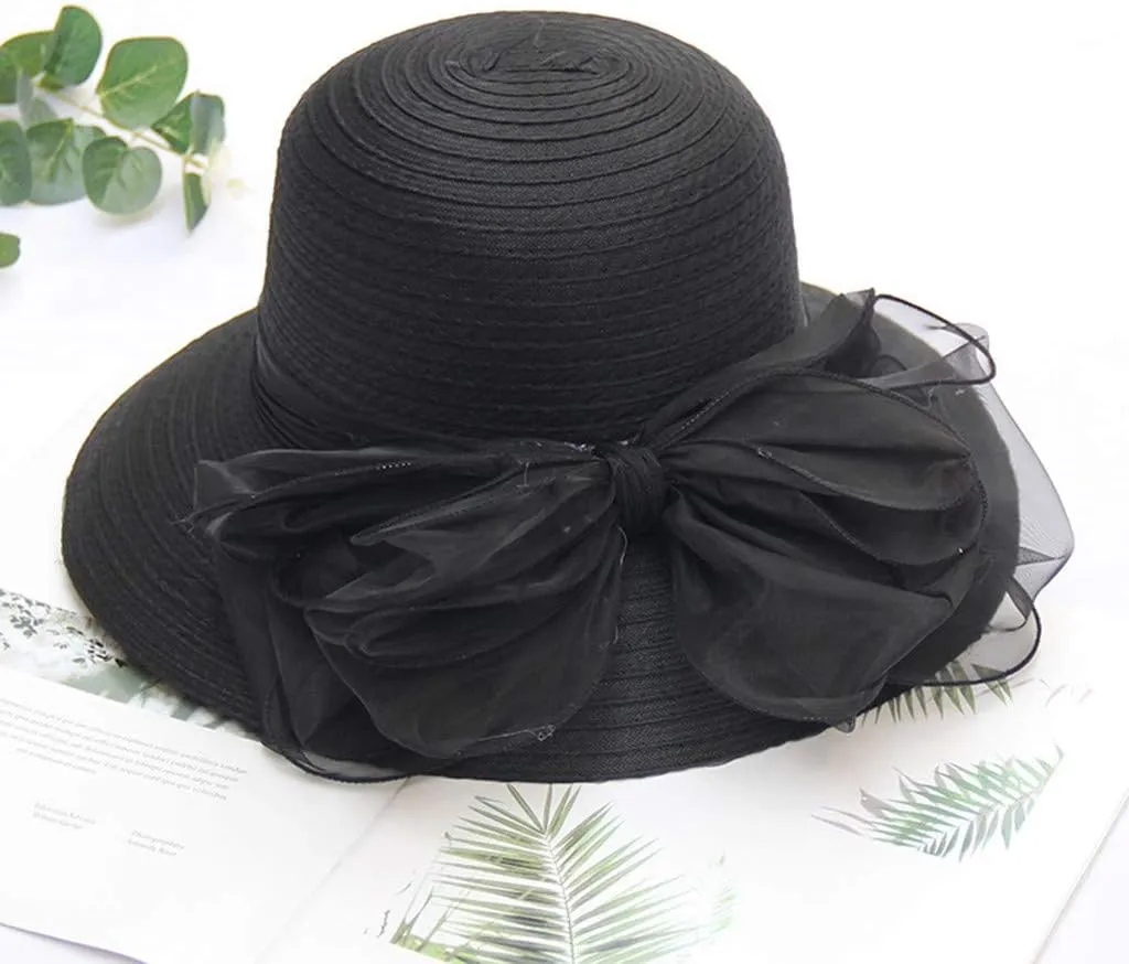 High Tea Hats for Women 2025 Organza Bowknot Wide Brim Bucket Derby Hat Easter Outfits Bonnets