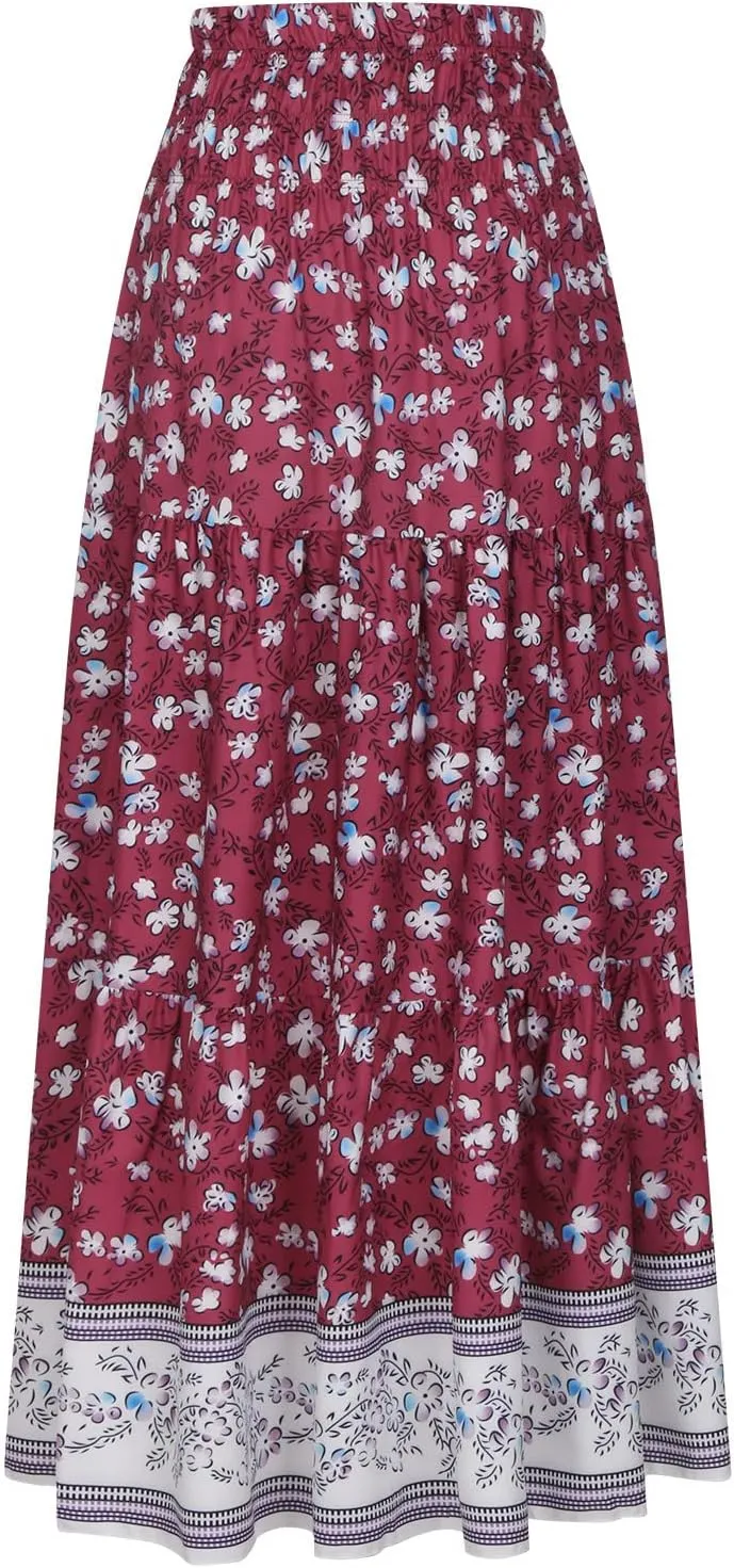 High Waist Boho Skirts Women Floral Printed Maxi Skirts Summer Flowy Skirts A Line Vacation Skirts Long Beach Skirt