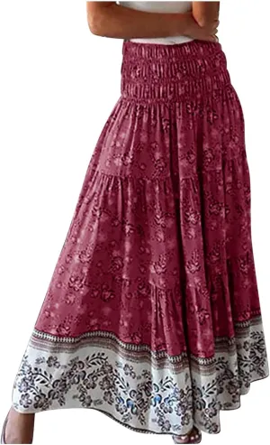 High Waist Boho Skirts Women Floral Printed Maxi Skirts Summer Flowy Skirts A Line Vacation Skirts Long Beach Skirt