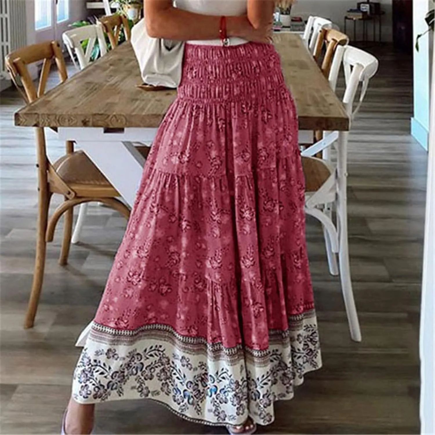 High Waist Boho Skirts Women Floral Printed Maxi Skirts Summer Flowy Skirts A Line Vacation Skirts Long Beach Skirt