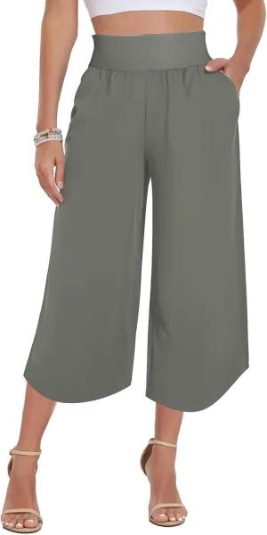 High Waist Capri Pants for Women Wide Leg Flowy Cropped Trousers Slim Fit Slit Hem Capris Casual Summer Crop