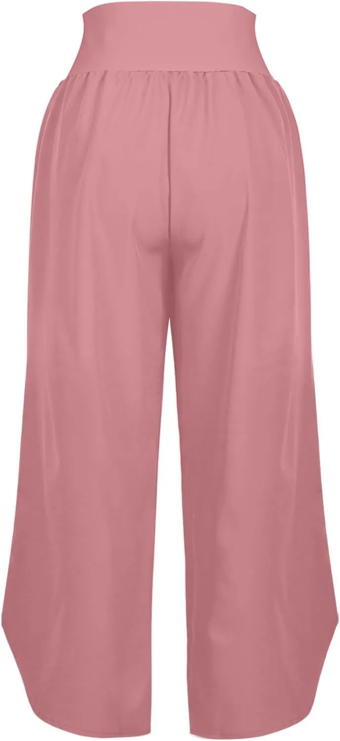 High Waist Capri Pants for Women Wide Leg Flowy Cropped Trousers Slim Fit Slit Hem Capris Casual Summer Crop