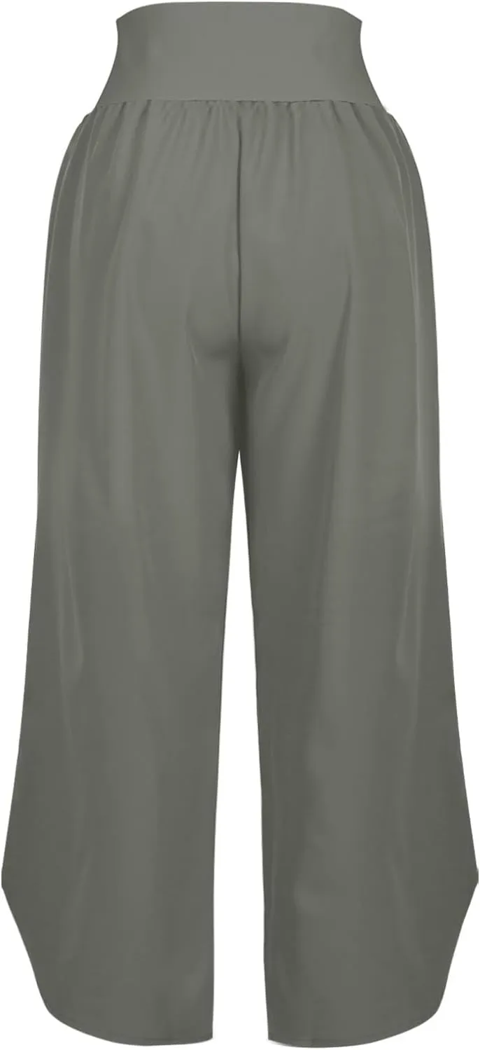 High Waist Capri Pants for Women Wide Leg Flowy Cropped Trousers Slim Fit Slit Hem Capris Casual Summer Crop
