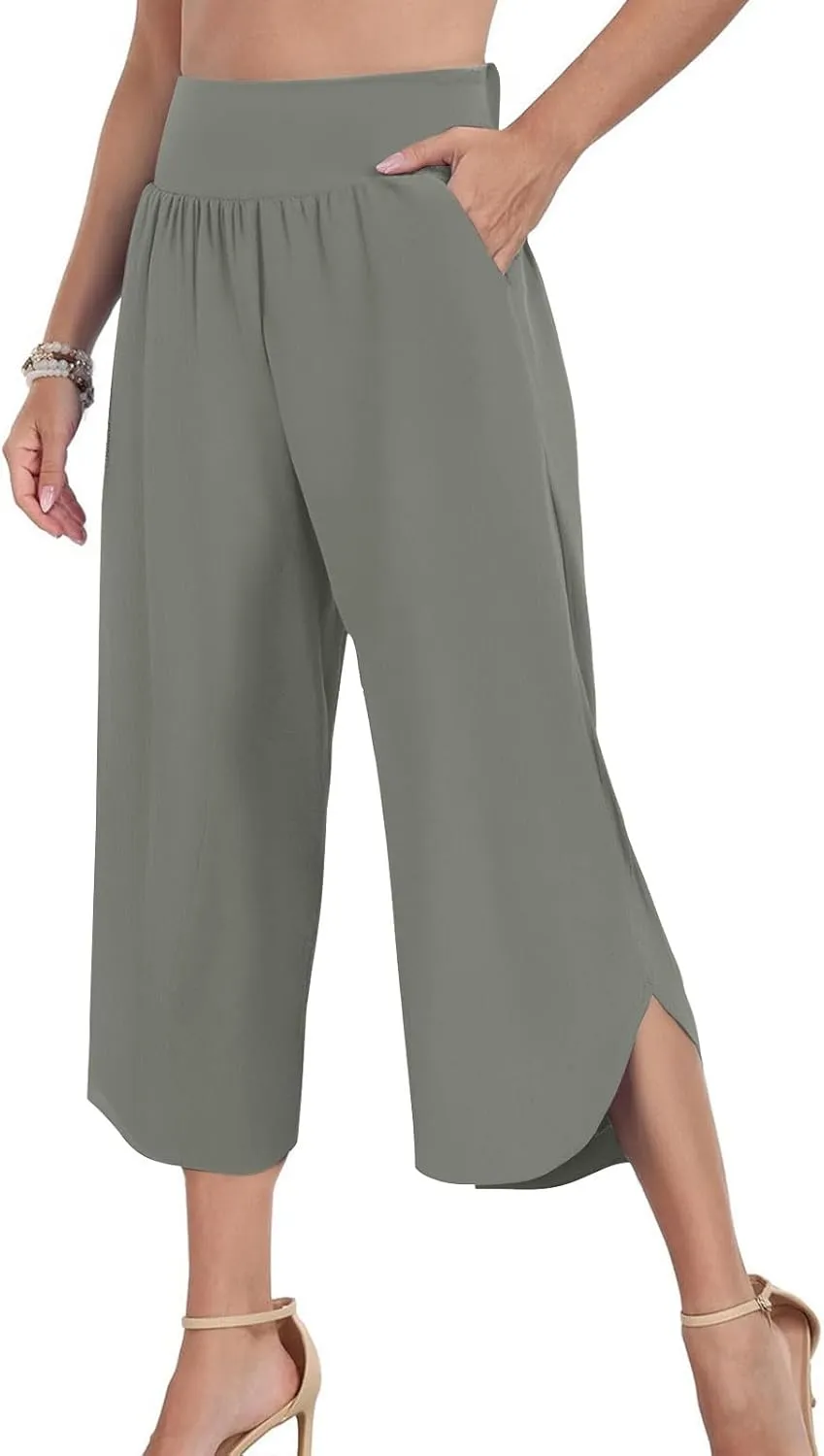 High Waist Capri Pants for Women Wide Leg Flowy Cropped Trousers Slim Fit Slit Hem Capris Casual Summer Crop