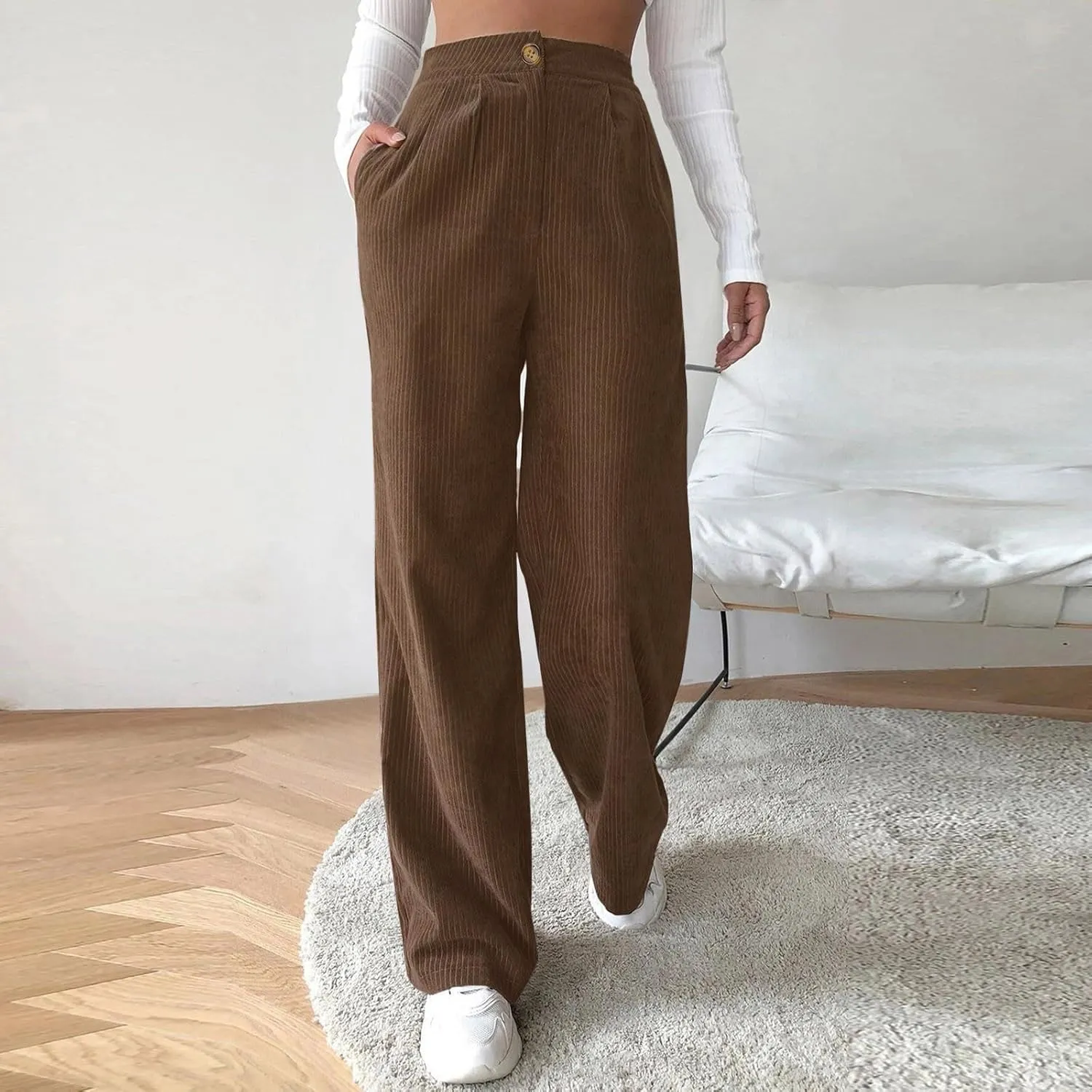 High Waist Cord Wide Leg Pants Straight Trousers Women Big Size Corduroy Pants Womens Clothes Plus Size