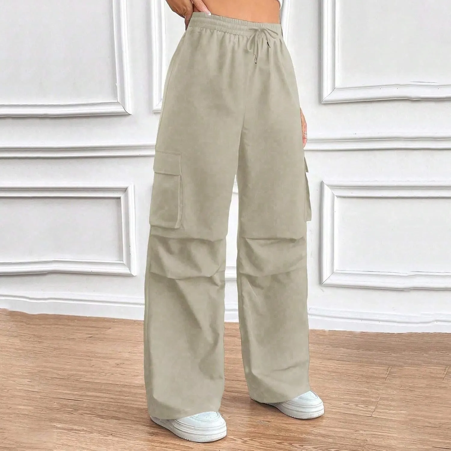 hlysgo High Waisted Pants for Women Drawstring Baggy Lounge Open Leg Cargo Pants Workout Jogger Sweatpants with Pockets