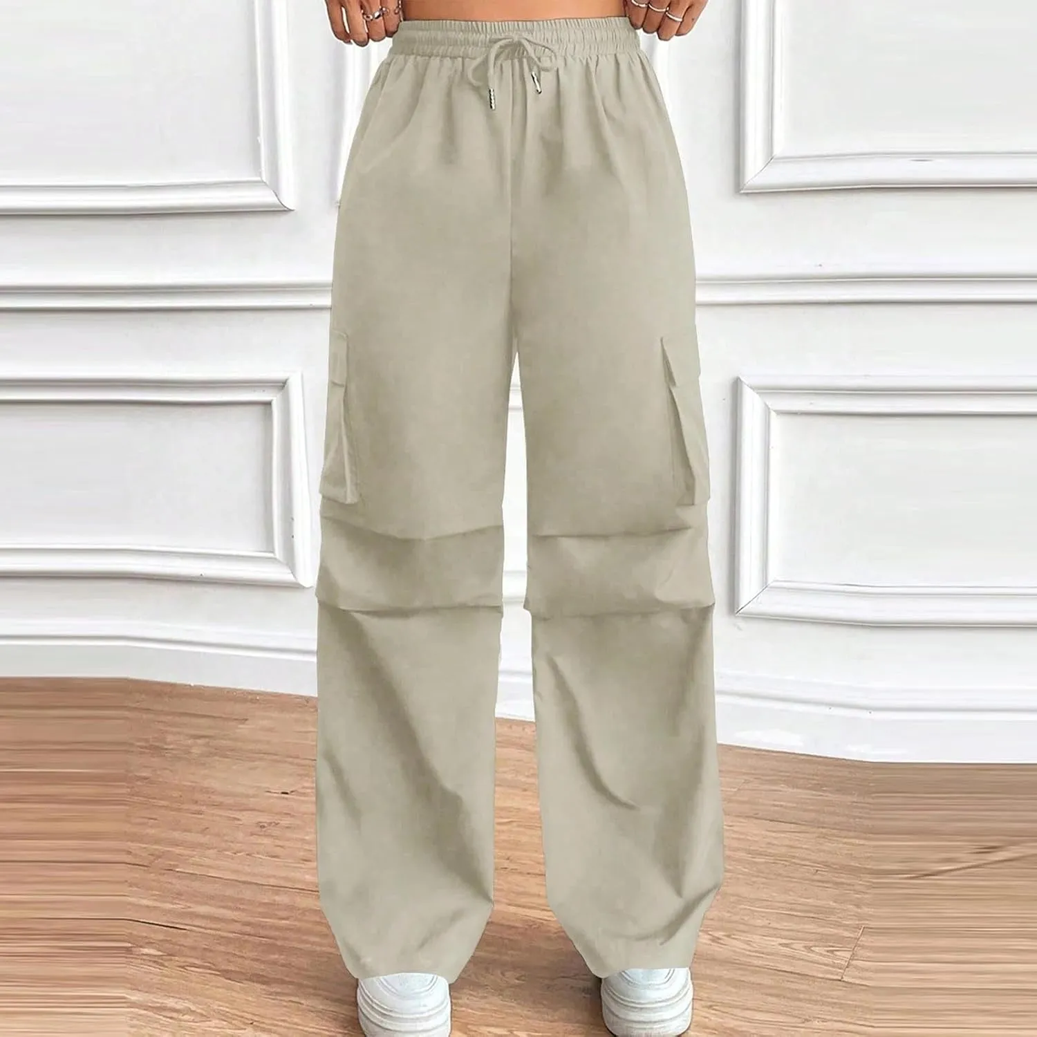 hlysgo High Waisted Pants for Women Drawstring Baggy Lounge Open Leg Cargo Pants Workout Jogger Sweatpants with Pockets