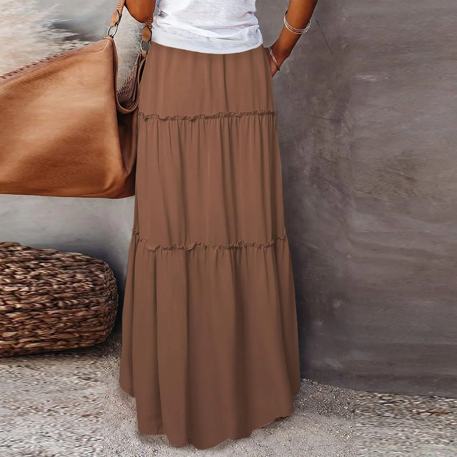 JJHAEVDY Pleated Long Skirts for Women Summer Casual Elastic High Waisted Skirts A-Line Flowy Swing Maxi Skirt with Pockets