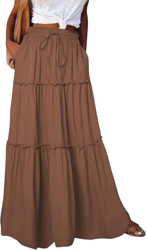JJHAEVDY Pleated Long Skirts for Women Summer Casual Elastic High Waisted Skirts A-Line Flowy Swing Maxi Skirt with Pockets