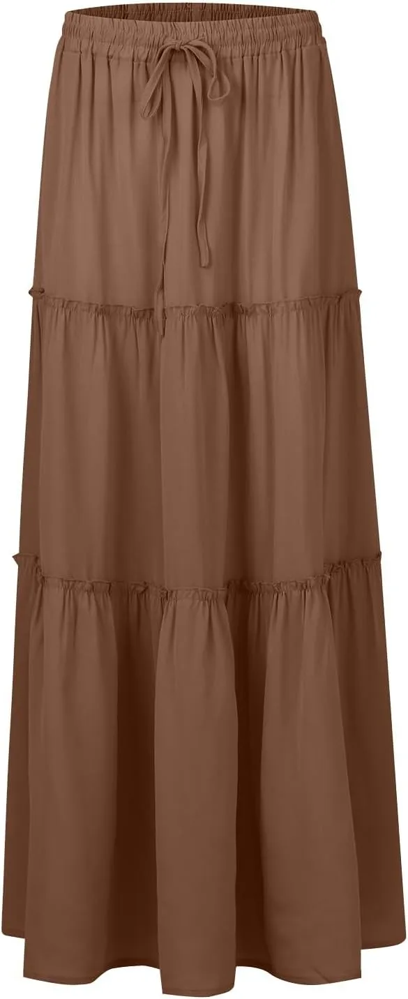 JJHAEVDY Pleated Long Skirts for Women Summer Casual Elastic High Waisted Skirts A-Line Flowy Swing Maxi Skirt with Pockets