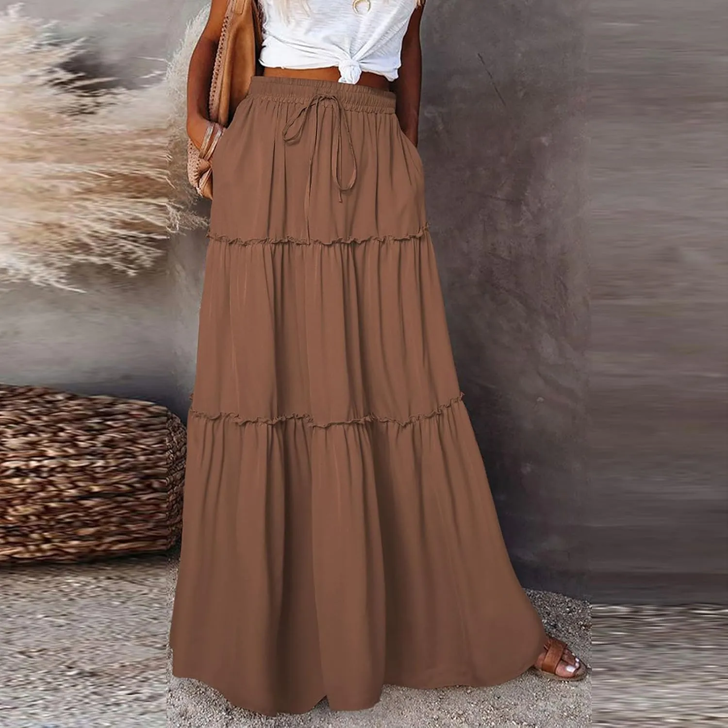 JJHAEVDY Pleated Long Skirts for Women Summer Casual Elastic High Waisted Skirts A-Line Flowy Swing Maxi Skirt with Pockets