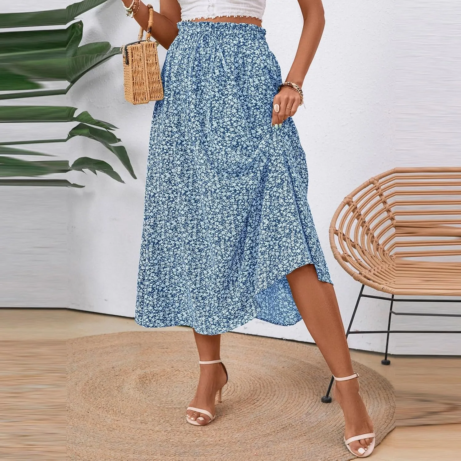 JJHAEVDY Women's High Elastic Waist Midi Skirt Casual Summer Trendy Tie Front Flowy Ruffle Floral Print A line Skirts