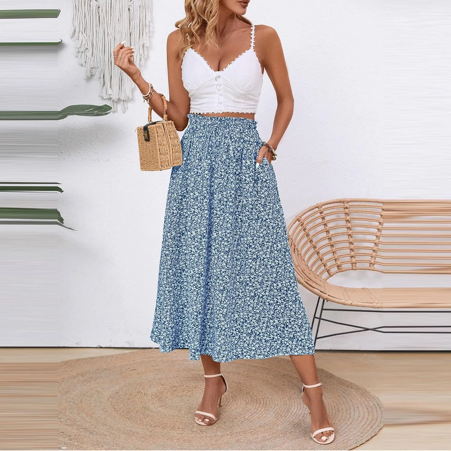 JJHAEVDY Women's High Elastic Waist Midi Skirt Casual Summer Trendy Tie Front Flowy Ruffle Floral Print A line Skirts