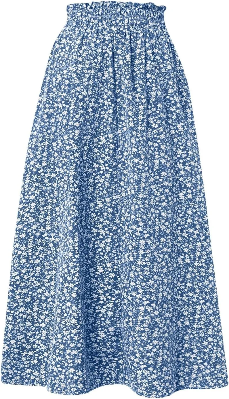 JJHAEVDY Women's High Elastic Waist Midi Skirt Casual Summer Trendy Tie Front Flowy Ruffle Floral Print A line Skirts