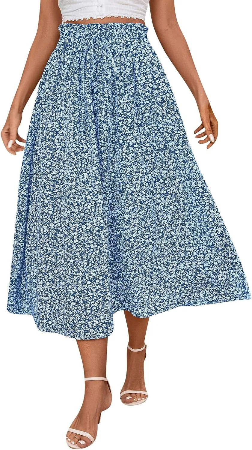 JJHAEVDY Women's High Elastic Waist Midi Skirt Casual Summer Trendy Tie Front Flowy Ruffle Floral Print A line Skirts