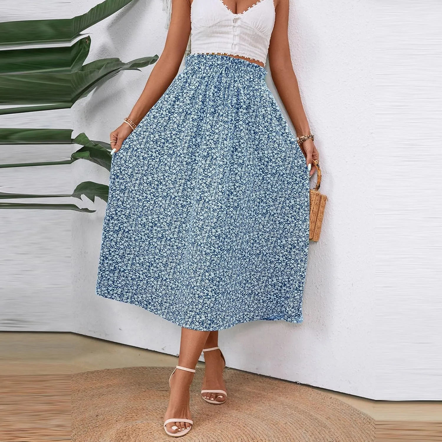 JJHAEVDY Women's High Elastic Waist Midi Skirt Casual Summer Trendy Tie Front Flowy Ruffle Floral Print A line Skirts