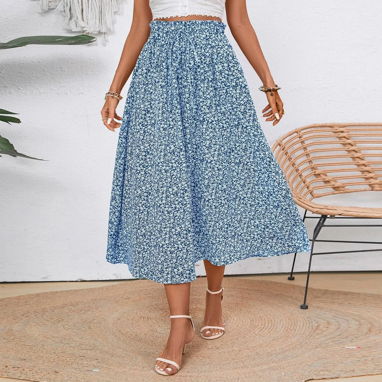 JJHAEVDY Women's High Elastic Waist Midi Skirt Casual Summer Trendy Tie Front Flowy Ruffle Floral Print A line Skirts