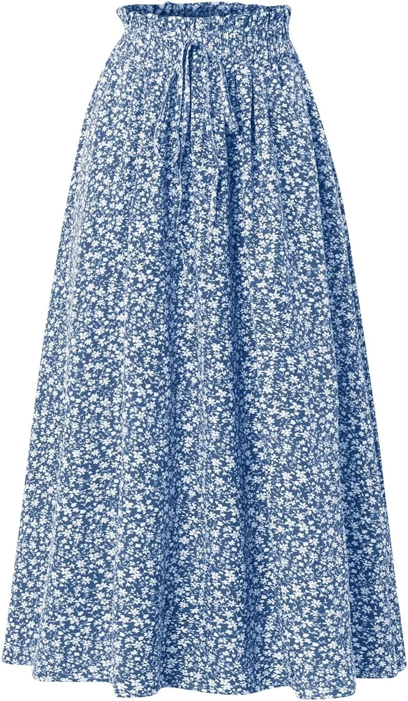 JJHAEVDY Women's High Elastic Waist Midi Skirt Casual Summer Trendy Tie Front Flowy Ruffle Floral Print A line Skirts
