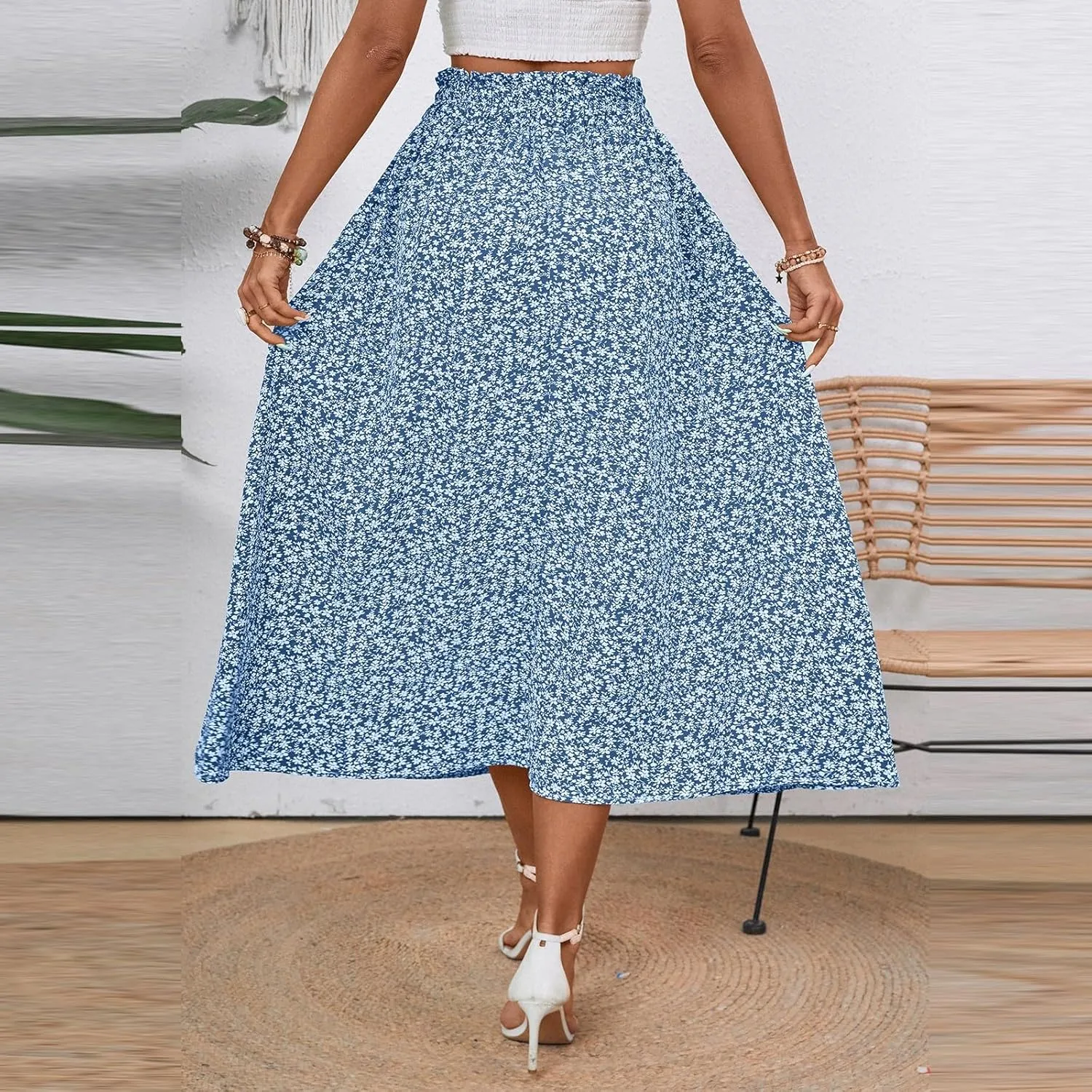JJHAEVDY Women's High Elastic Waist Midi Skirt Casual Summer Trendy Tie Front Flowy Ruffle Floral Print A line Skirts