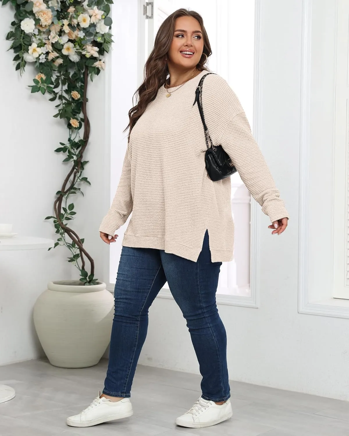 KARALIN Womens Plus Size Tops Fall CrewNeck Waffle Knit Long Sleeve Shirts Side Slits Oversized Sweater Pullover