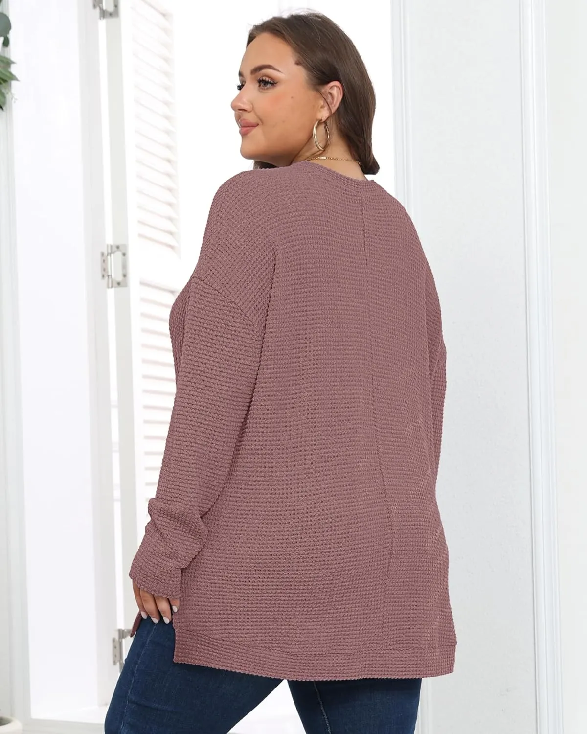 KARALIN Womens Plus Size Tops Fall CrewNeck Waffle Knit Long Sleeve Shirts Side Slits Oversized Sweater Pullover
