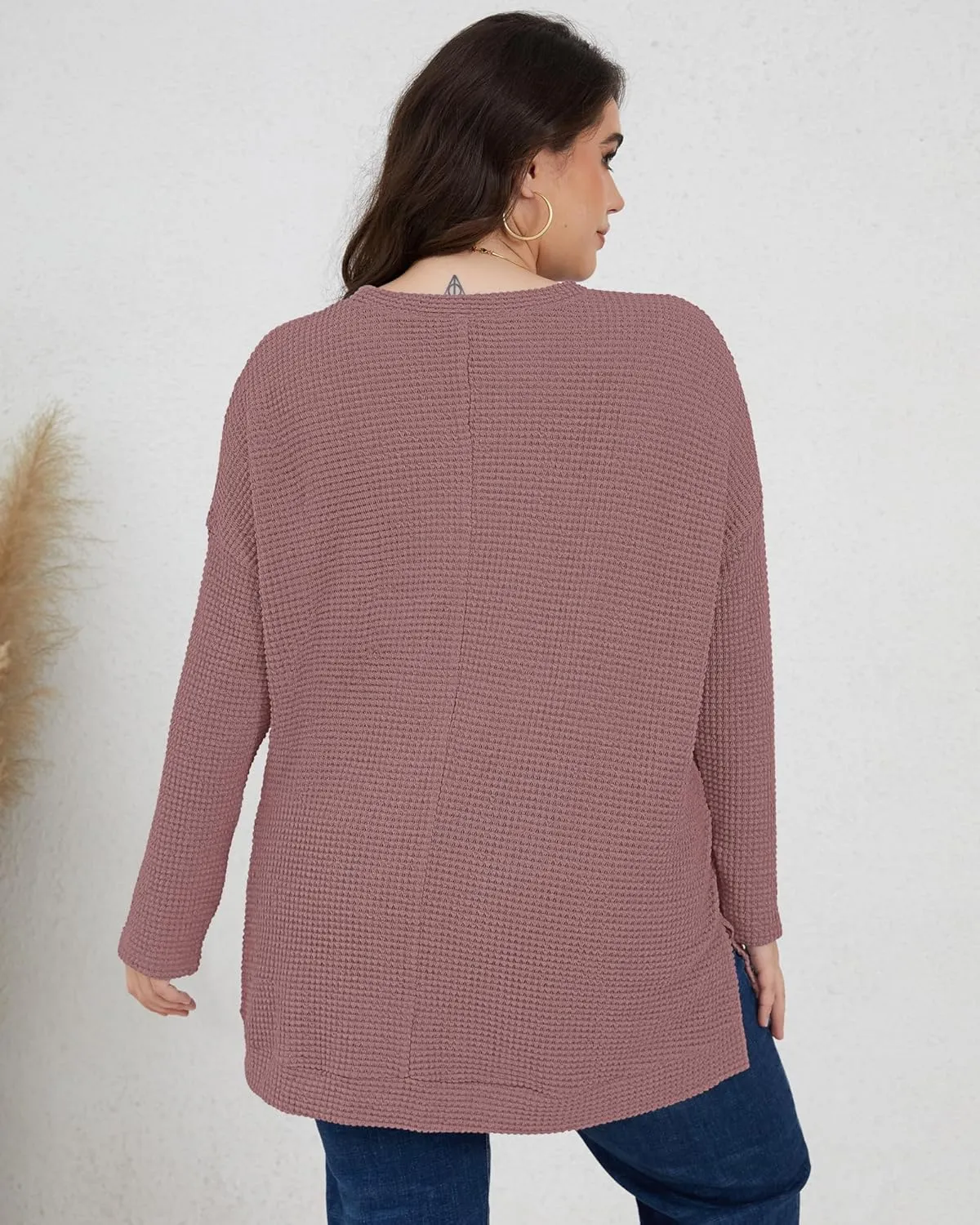 KARALIN Womens Plus Size Tops Fall CrewNeck Waffle Knit Long Sleeve Shirts Side Slits Oversized Sweater Pullover