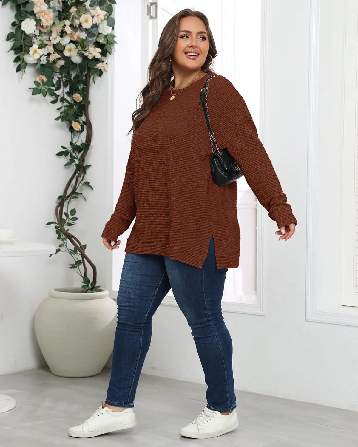 KARALIN Womens Plus Size Tops Fall CrewNeck Waffle Knit Long Sleeve Shirts Side Slits Oversized Sweater Pullover