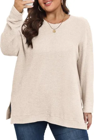 KARALIN Womens Plus Size Tops Fall CrewNeck Waffle Knit Long Sleeve Shirts Side Slits Oversized Sweater Pullover