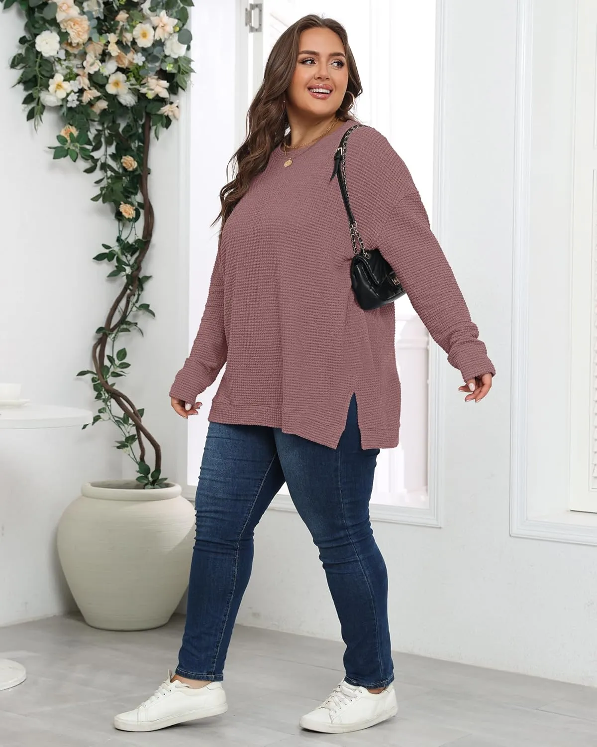 KARALIN Womens Plus Size Tops Fall CrewNeck Waffle Knit Long Sleeve Shirts Side Slits Oversized Sweater Pullover